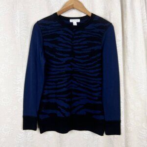 Belford zebra print cotton blend crewneck sweater blue black colorblock stretch